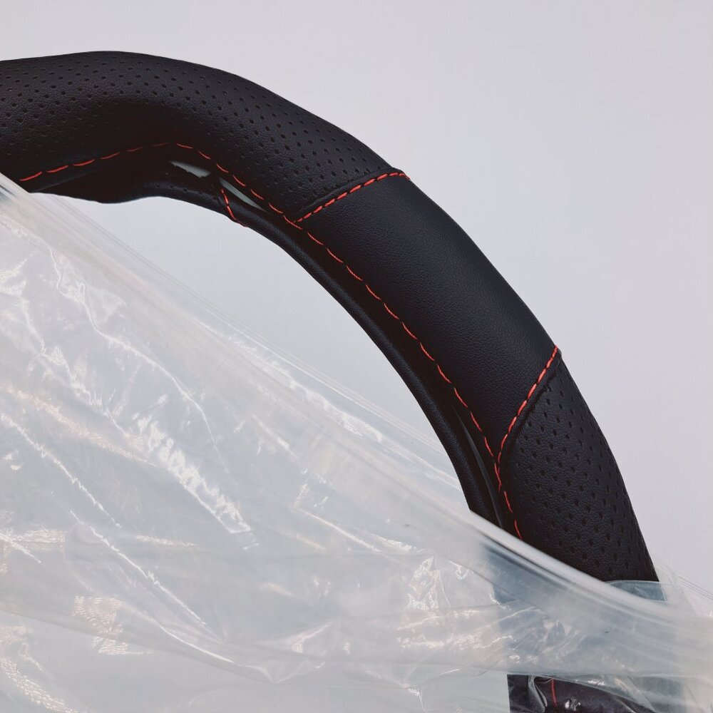Steering Wheel Cover Black with Red Stitching Size: Standard 14.5-15 Inches